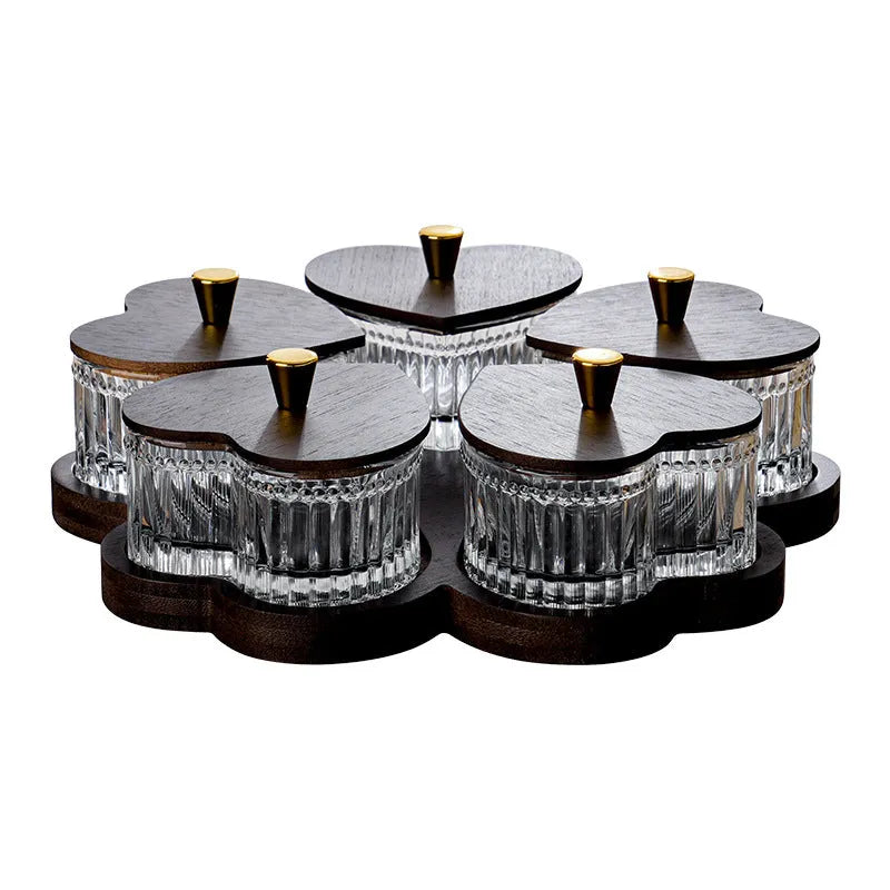 Transparent glass fruit platter with heart-shaped lid in 2-grid, 3-grid, 4-grid, and 5-grid tray options.