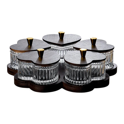 Transparent glass fruit platter with heart-shaped lid in 2-grid, 3-grid, 4-grid, and 5-grid tray options.