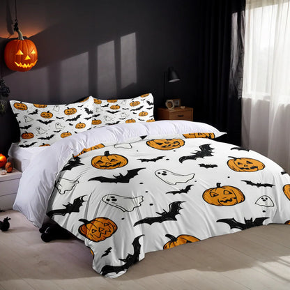 White three-piece bed set with digital printed pattern on chemical fibre fabric
