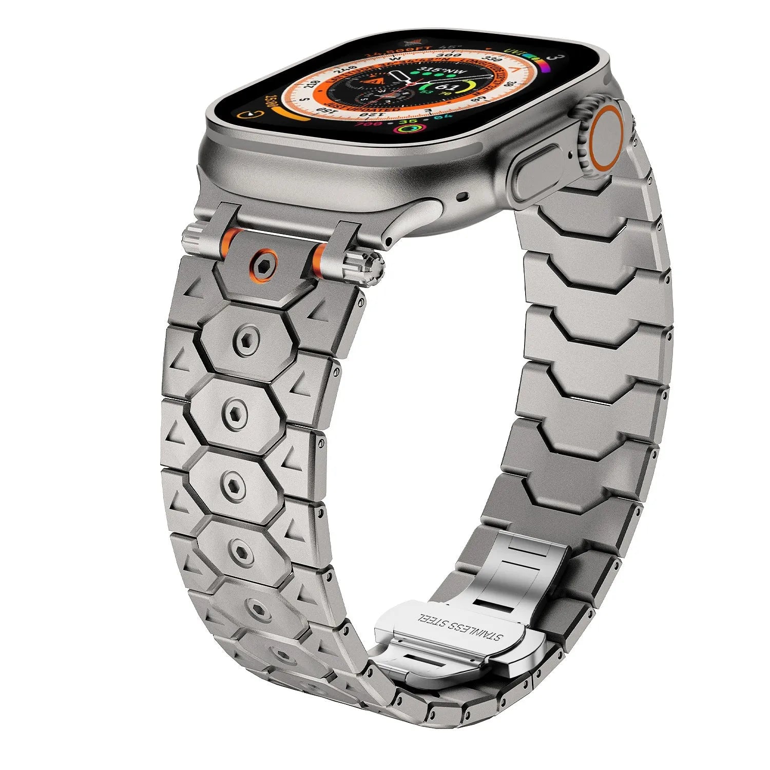 Stainless steel mesh watch strap shown in silver, compatible with iPhone watches, with adjustable clasp.