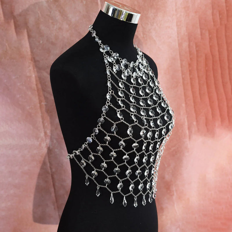 Body chains chest necklace made from clear acrylic plastic resin featuring hand-woven crystal sequins in round shapes, available in transparent colours EB746 and EB752 for festival, cosplay, or accessory wear