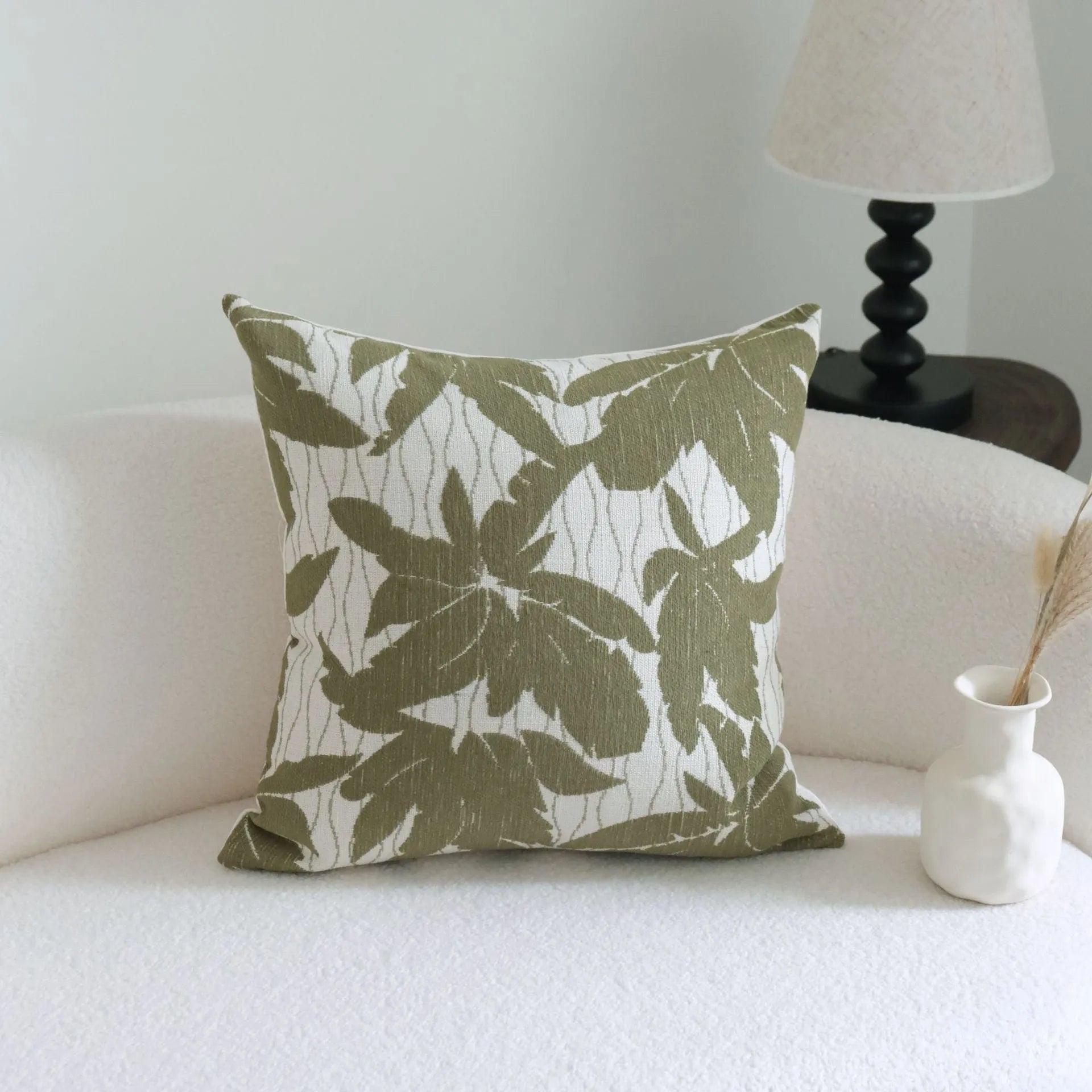 Green cotton and linen tassel pillow with silk floss filler in striped and leafy patterns, sizes 30x50cm to 50x50cm