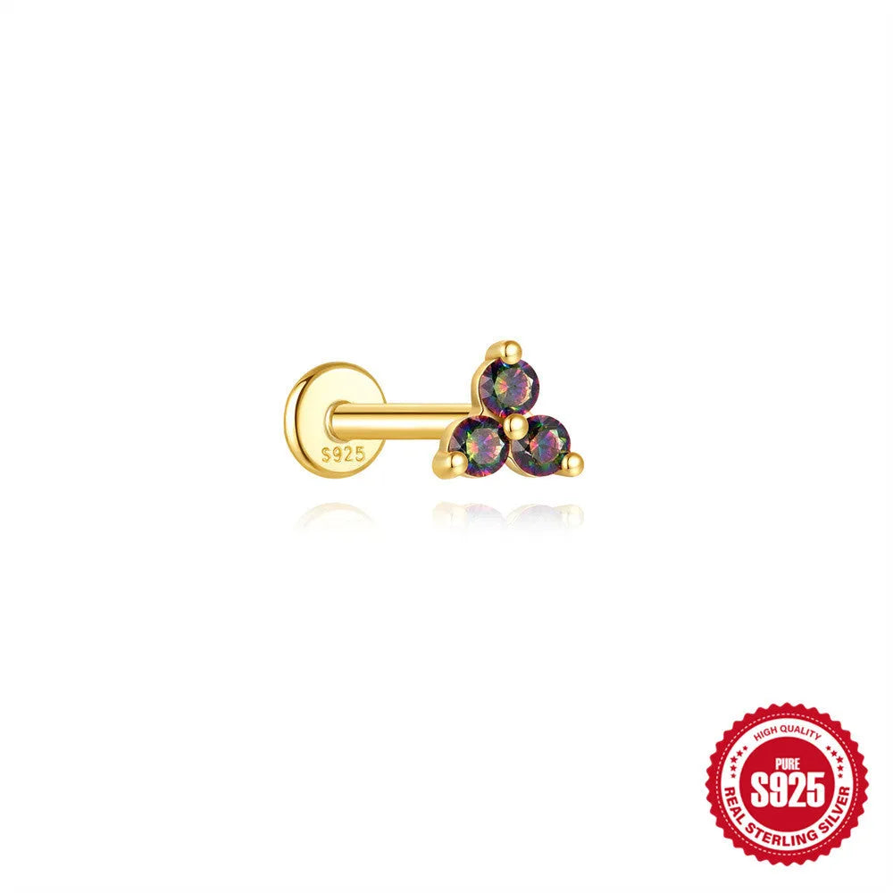 Sterling silver flat head thread piercing earrings with geometric shape and rainbow stone detail