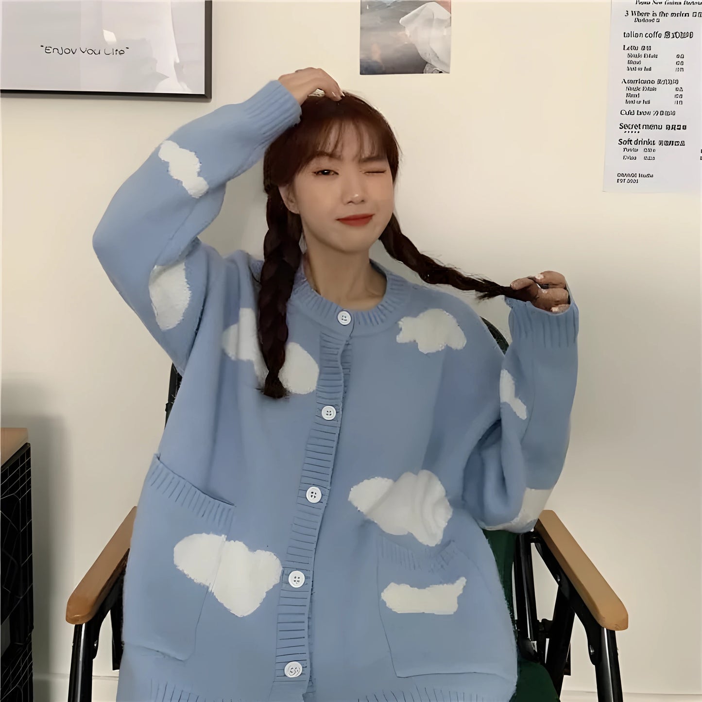 Blue cloud pattern women's spandex cardigan sweater with long sleeves and loose fit.