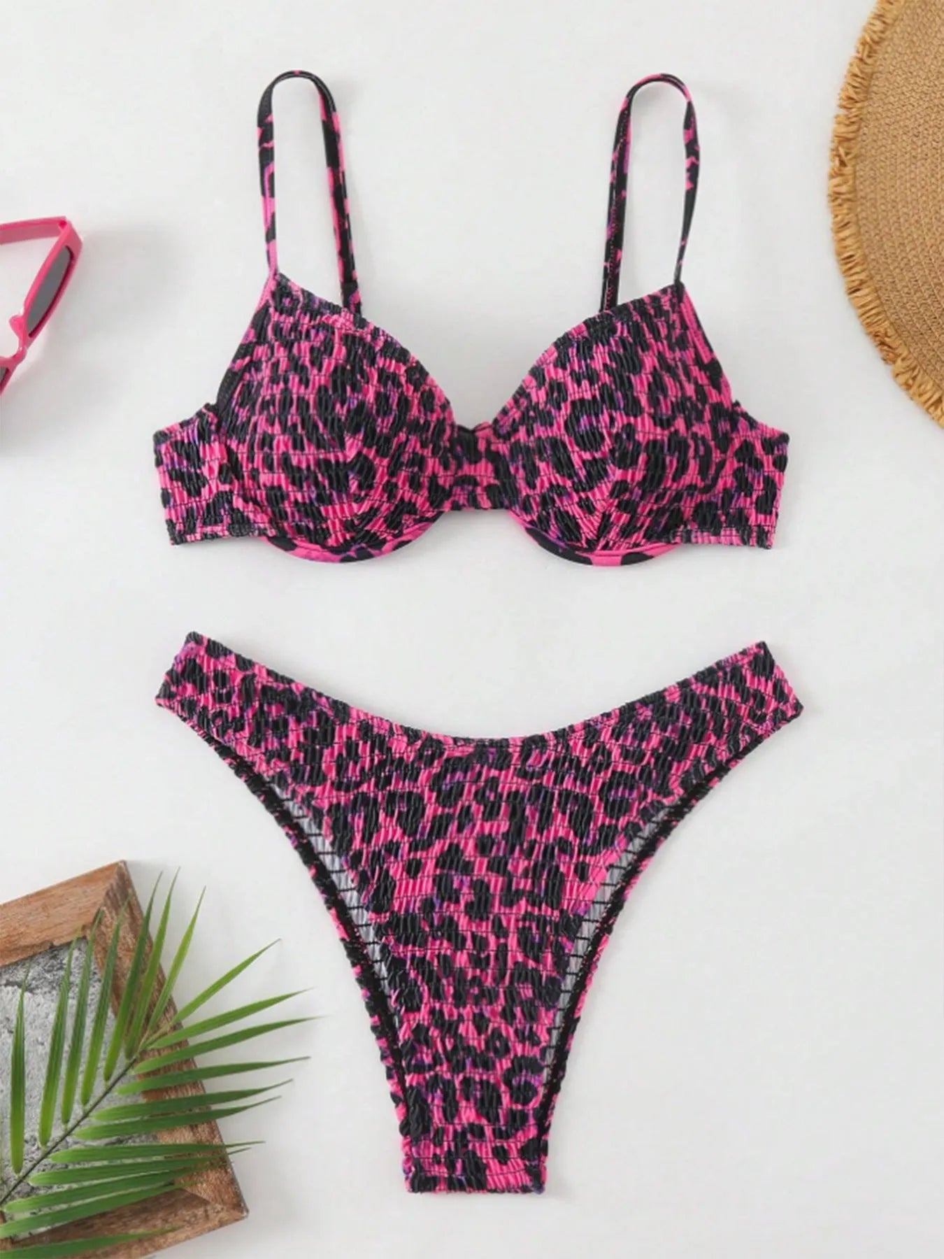 Leopard point bikini swimsuit in brown mixed colour with backless briefs style