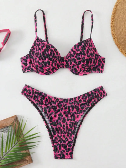 Leopard point bikini swimsuit in brown mixed colour with backless briefs style