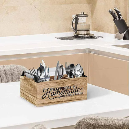 Wooden kitchen tableware storage box with grid compartments measuring 23x16.8x10cm