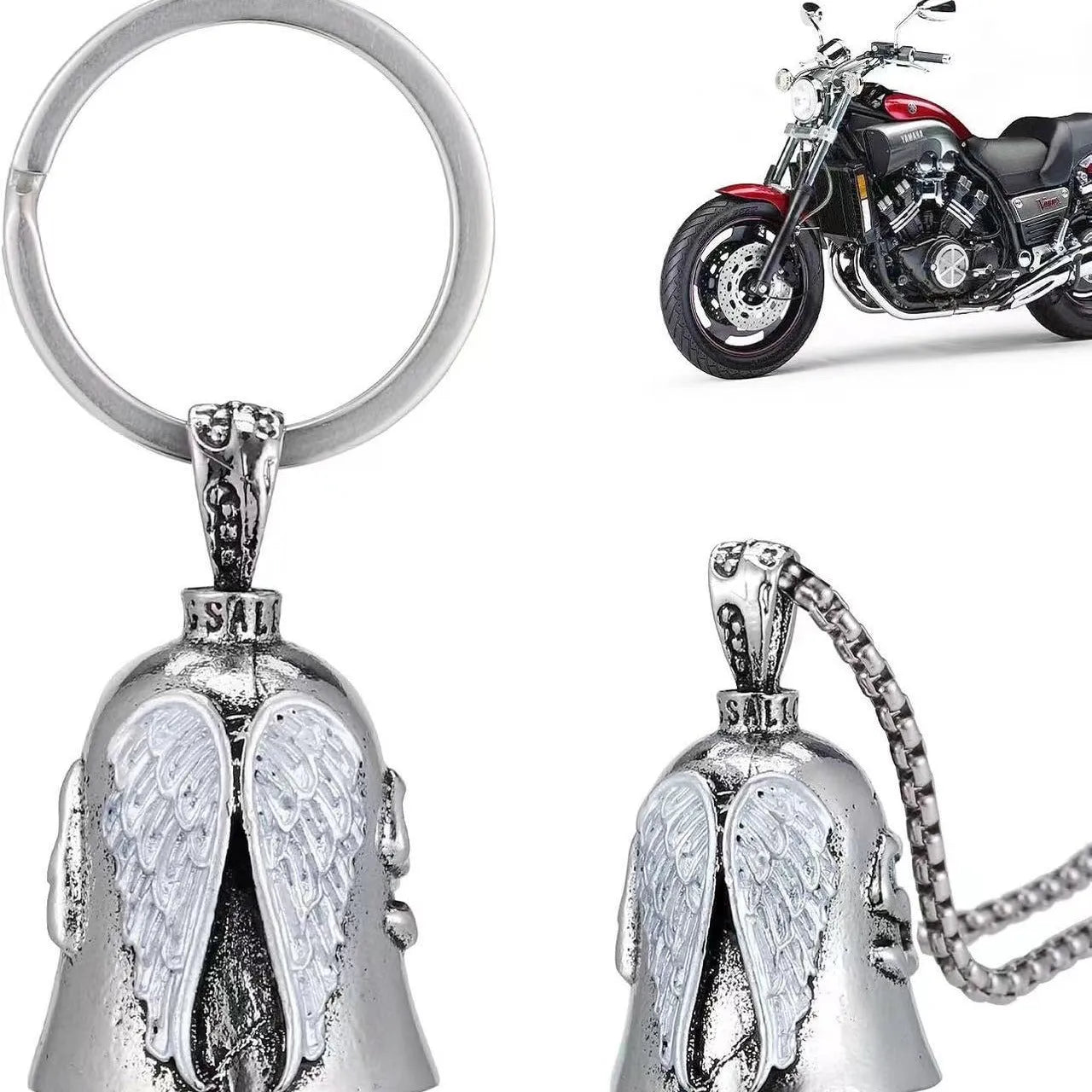 Vintage-style white angel wings necklace and matching keychain with electroplated alloy finish