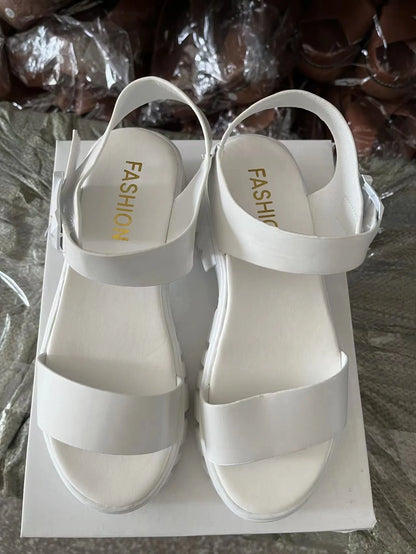 Women's beige peep toe ankle-strap sandals with buckle fastening and platform sole