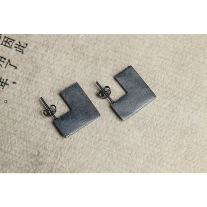 Square geometric silver earrings with oxidation black finish, 16mm diameter minimalist design
