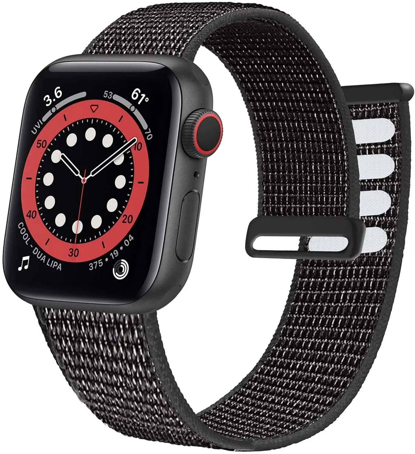Woven nylon Apple Watch strap in multiple colour options on a watch case