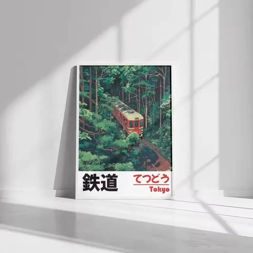 Retro Japanese landscape canvas art poster depicting a railway scene, frameless and in Nordic style.