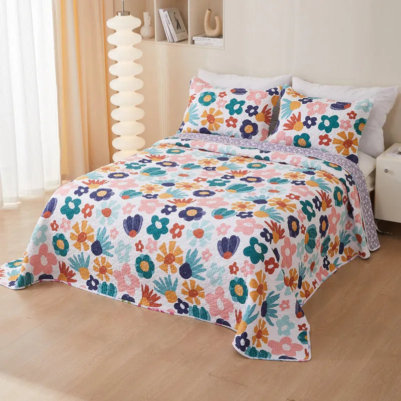 Pure cotton twill quilted bedspread three piece set with reactive printed floral pattern