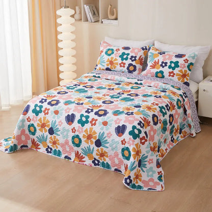 Pure cotton twill quilted bedspread three piece set with reactive printed floral pattern