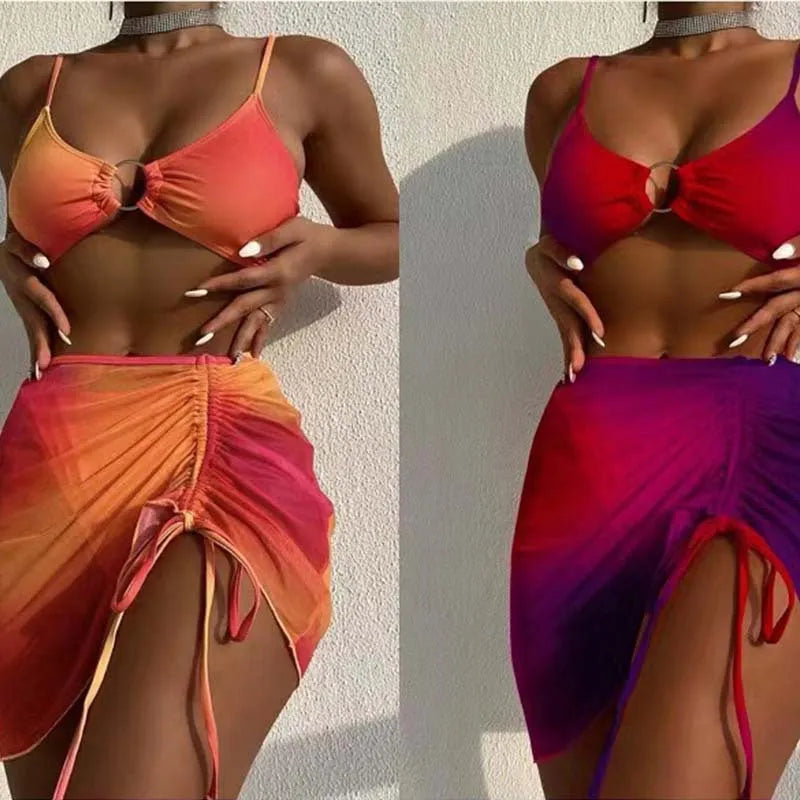 Orange and purple gradient print women's three-piece swimsuit with loop buckle hollow suspender design