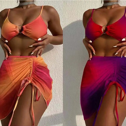 Orange and purple gradient print women's three-piece swimsuit with loop buckle hollow suspender design