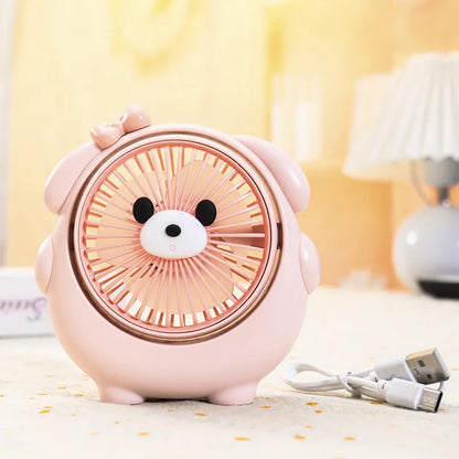 USB desktop fan with cute dog design in Bear Brown colour, showing compact size and three speed buttons.
