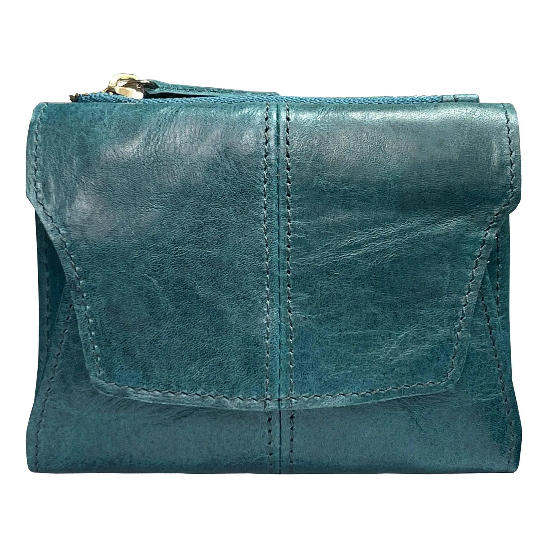 Men's brown genuine leather coin purse with a metal lock and decorative stitching in a retro style.