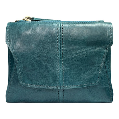 Men's brown genuine leather coin purse with a metal lock and decorative stitching in a retro style.