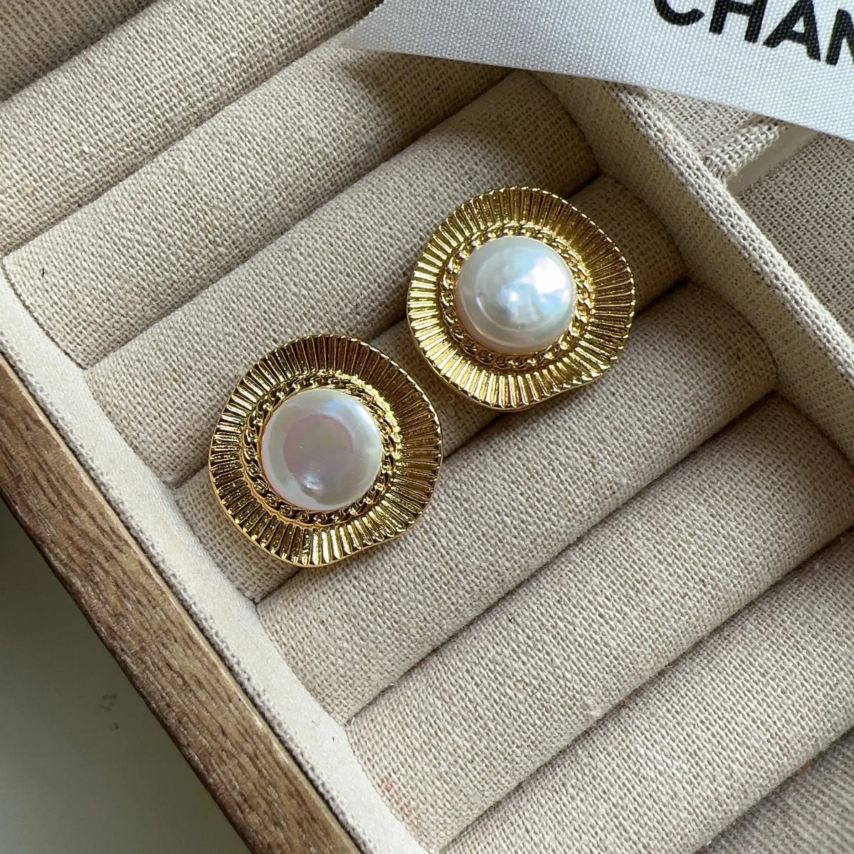 Round gold electroplated retro earrings for women with circular design elements
