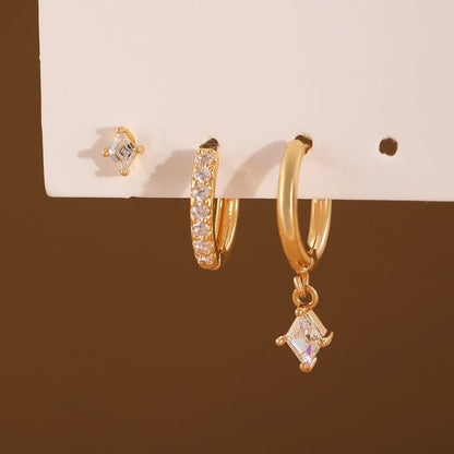Ladies three-piece geometric earring set with inlaid zircon in gold and white colours