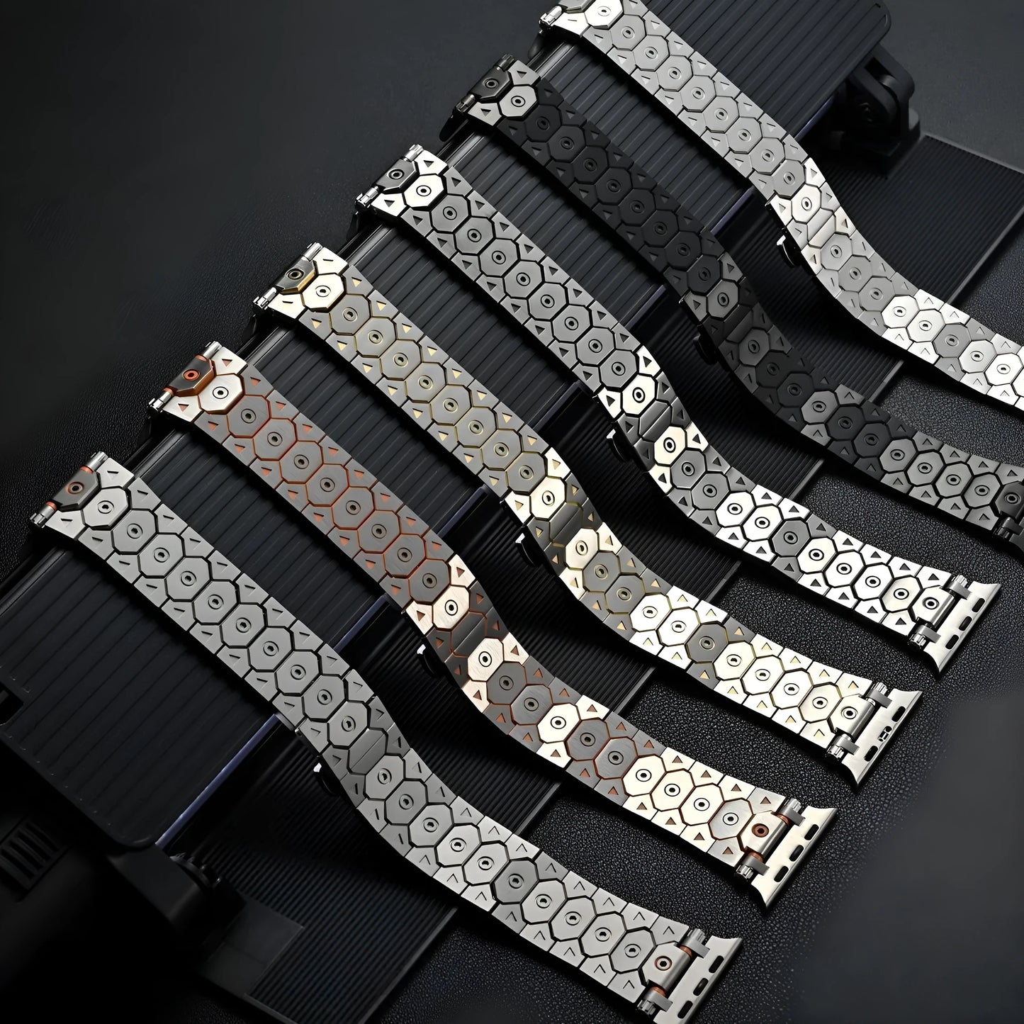 Stainless steel mesh watch strap shown in silver, compatible with iPhone watches, with adjustable clasp.