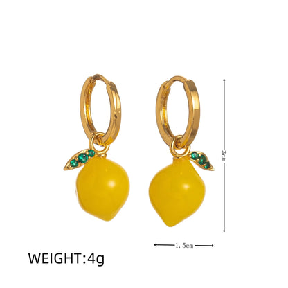 Gold plated copper earrings with detailed fruit and vegetable designs in seven colours.