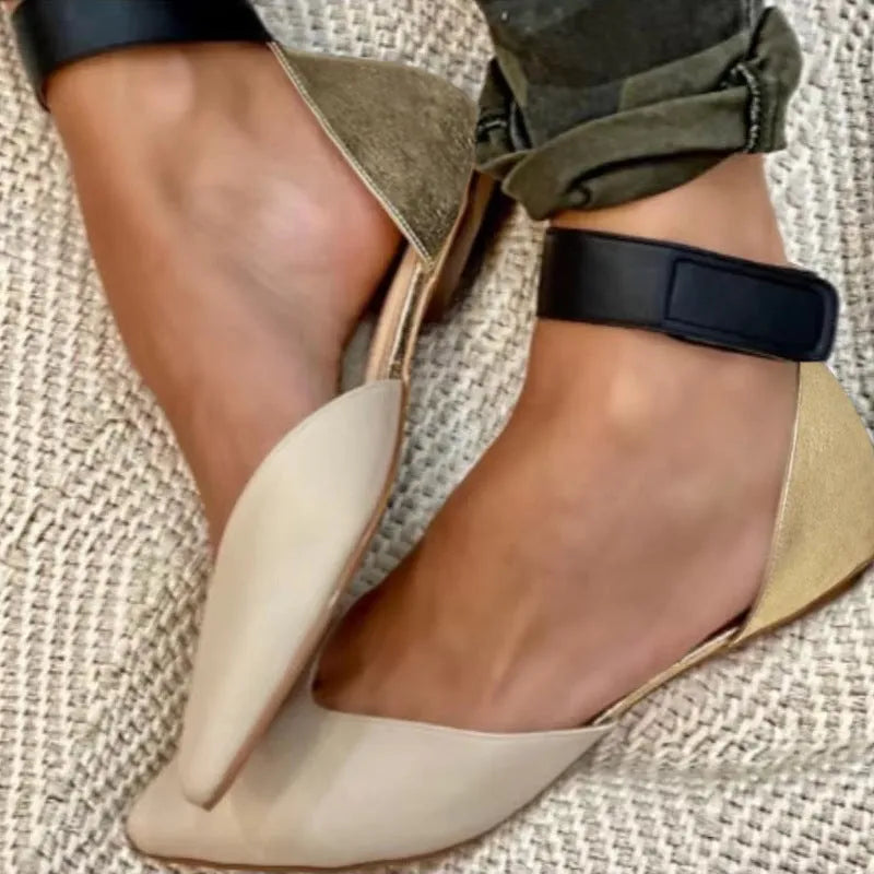 Women's beige Velcro fastening sandals with hollowed out design and flat heel