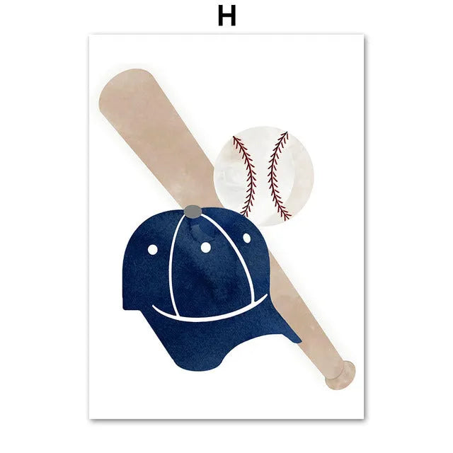 Cartoon illustration of football, basketball and baseball tools on a canvas wall poster for a child's bedroom.