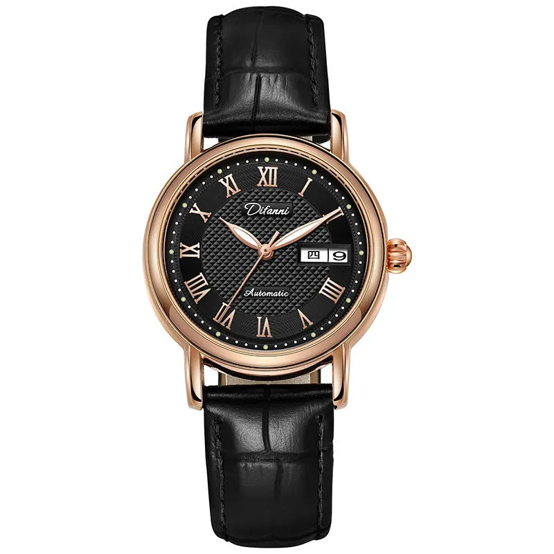 Women's mechanical automatic watch with 12mm thickness showing steel belt and leather strap options