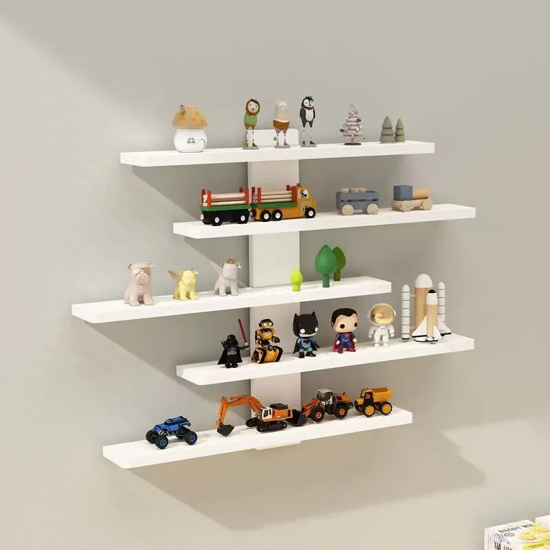 White 5-tier wall-mounted PVC rack displaying toy dolls and blind box collectibles.