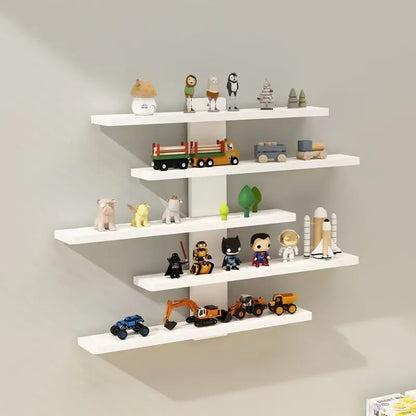 White 5-tier wall-mounted PVC rack displaying toy dolls and blind box collectibles.