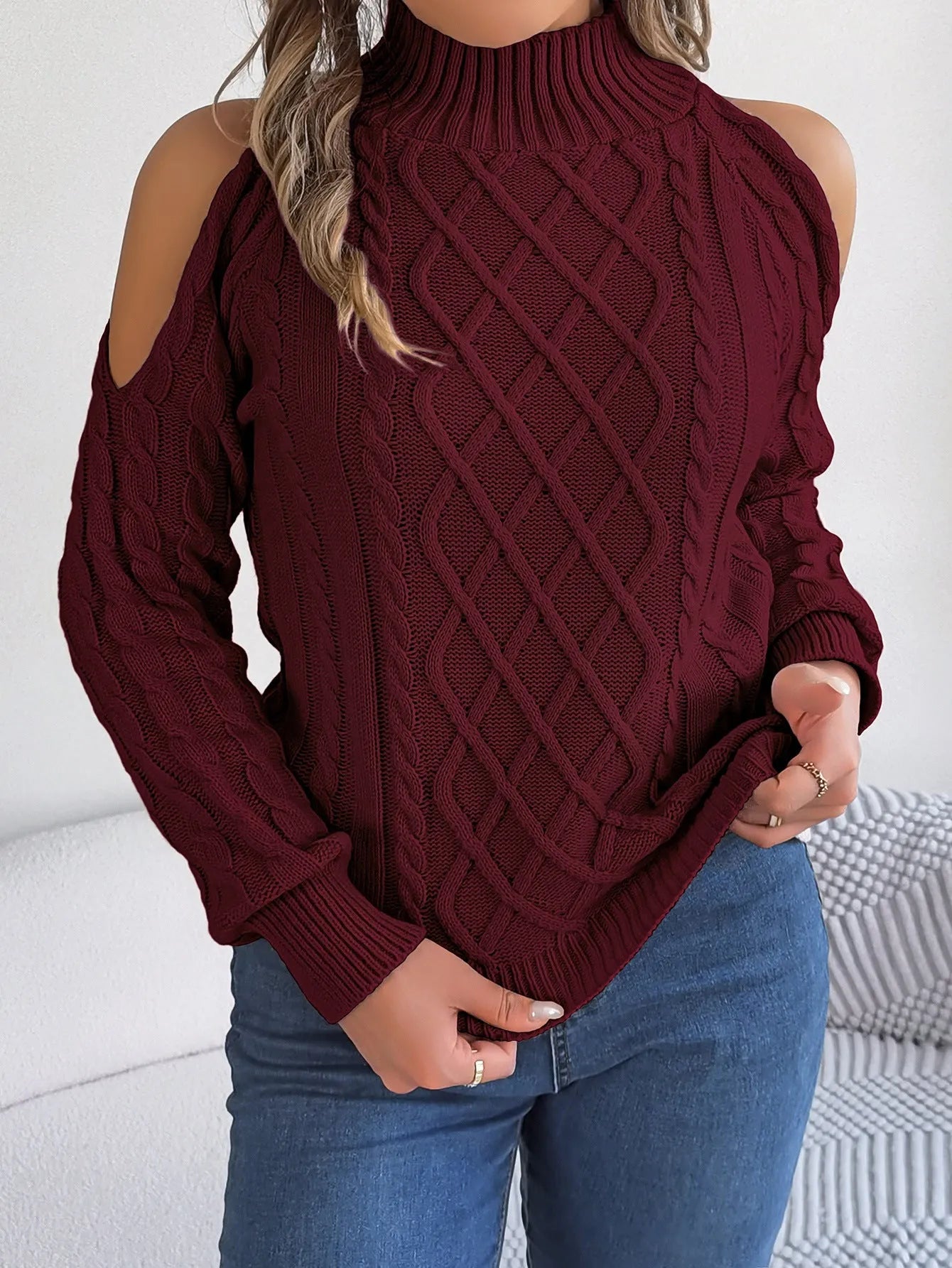 Gray women's acrylic pullover sweater with a strapless high collar, twisted pattern, and long lantern sleeves.