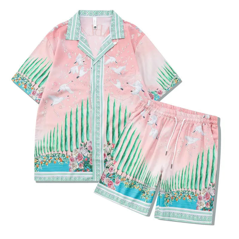 Plaid pattern beach outfit set with short sleeve shirt and trousers for teenagers