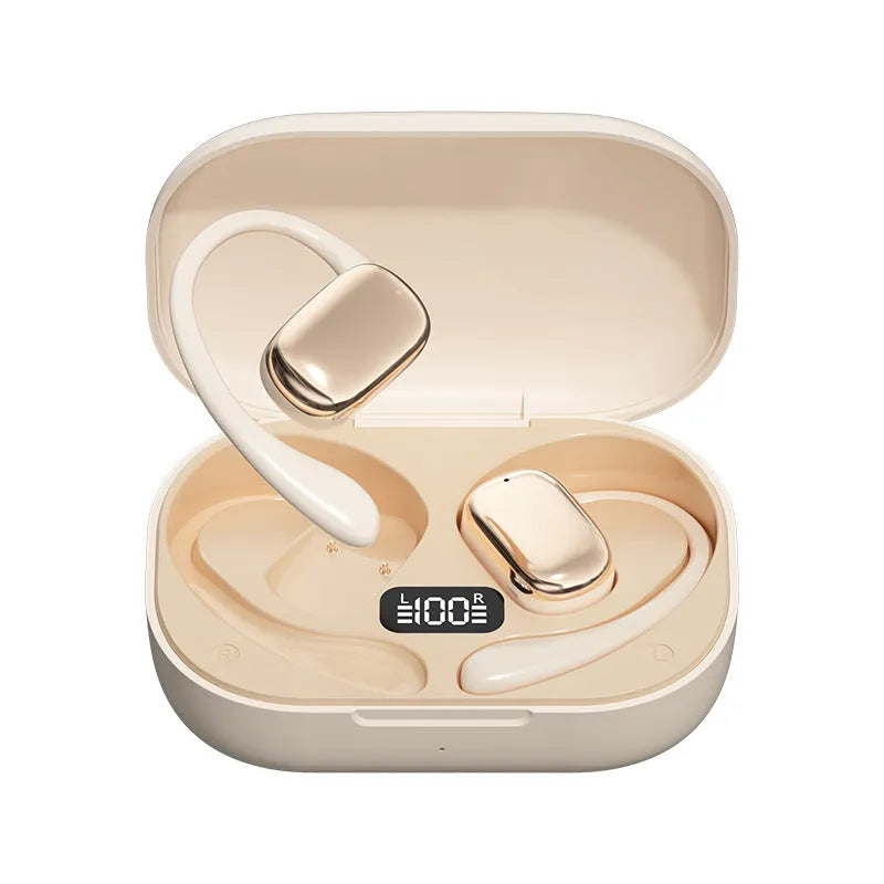 Ear-mounted wireless headphones with digital display screen on ear piece.