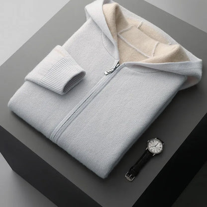 Men's dark blue half-high collar zip cardigan sweater with loose fit and long sleeves