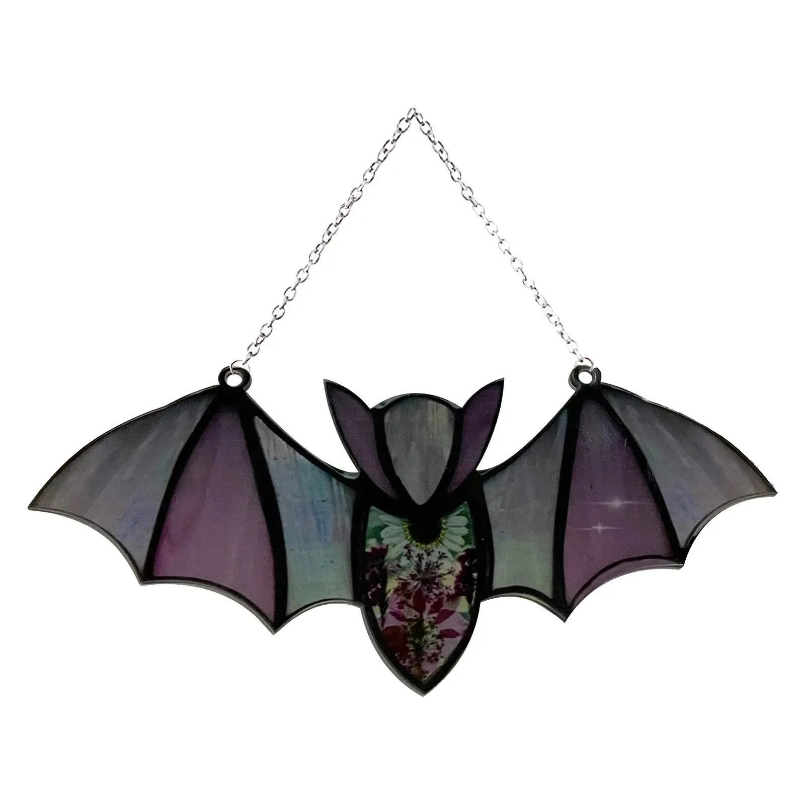 Acrylic bat-shaped wall pendant with modern art print, showing size and colour style options.