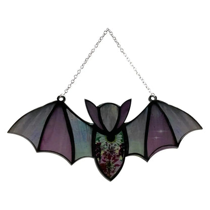 Acrylic bat-shaped wall pendant with modern art print, showing size and colour style options.