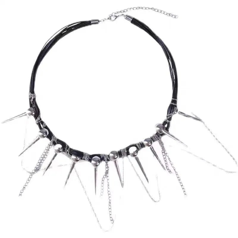 Women's casual leather necklace with winding round beads, a tassel, and decorative point rivets in pictured colour.