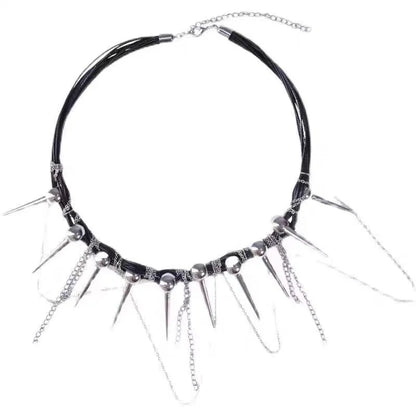 Women's casual leather necklace with winding round beads, a tassel, and decorative point rivets in pictured colour.