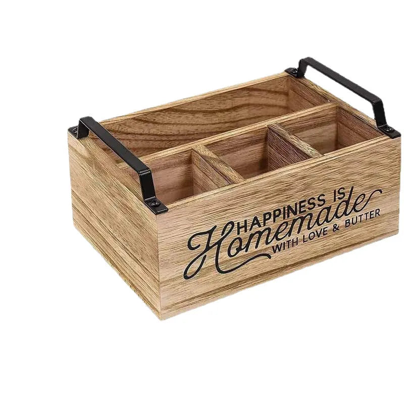 Wooden kitchen tableware storage box with grid compartments measuring 23x16.8x10cm