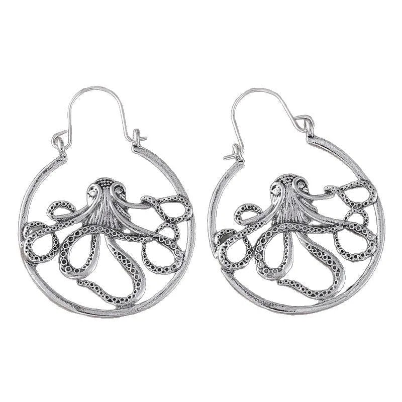 Vintage antique silver octopus earrings made from zinc alloy for unisex wear.