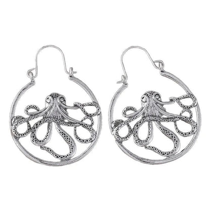 Vintage antique silver octopus earrings made from zinc alloy for unisex wear.