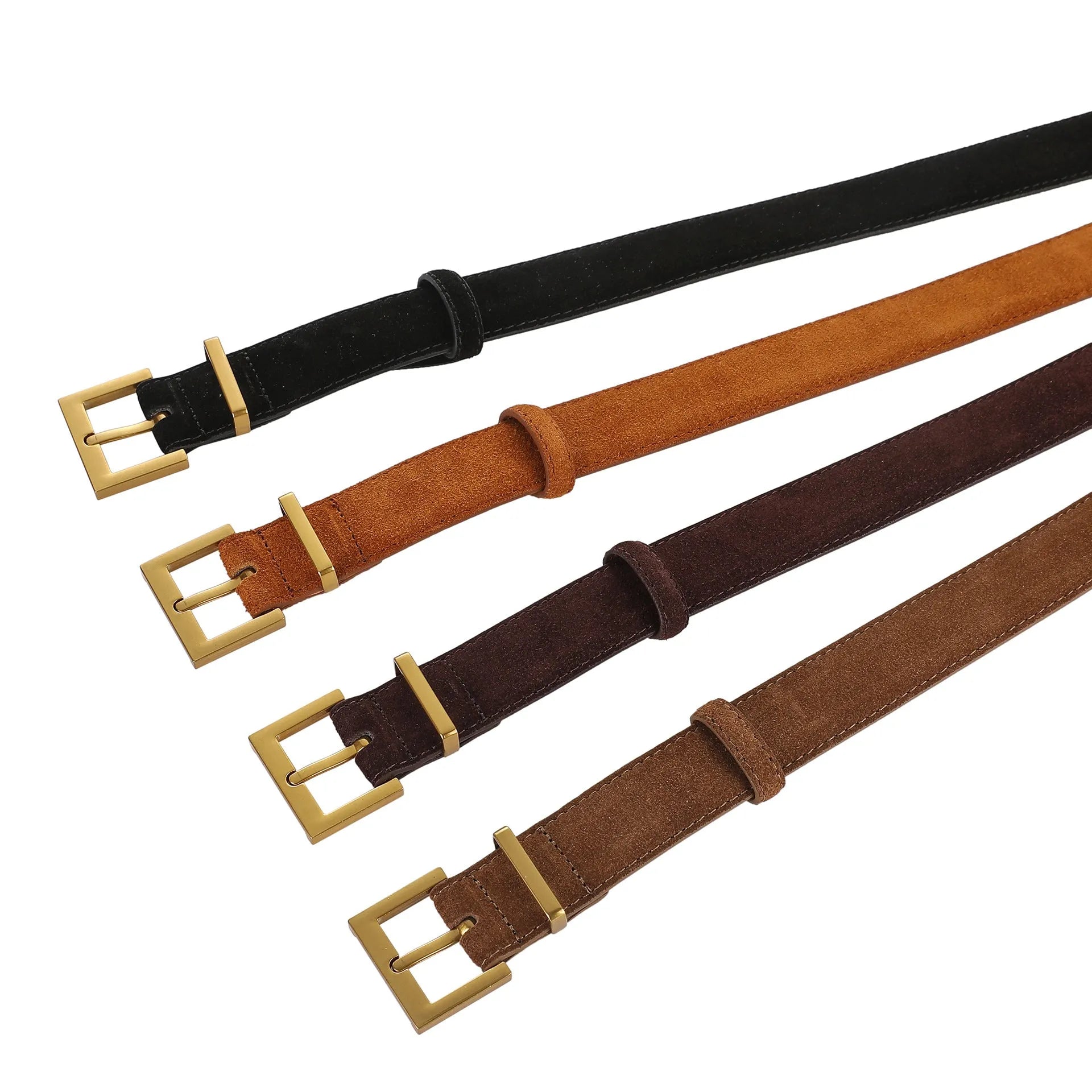 Ladies genuine leather pin buckle belt with quadrilateral alloy buckle in black, caramel, dark brown or light brown