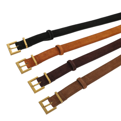 Ladies genuine leather pin buckle belt with quadrilateral alloy buckle in black, caramel, dark brown or light brown
