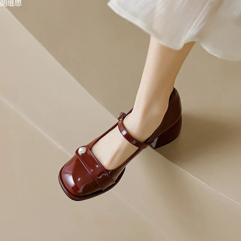 Women's patent leather chunky heel pumps with square toe and buckle fastening in three colour options