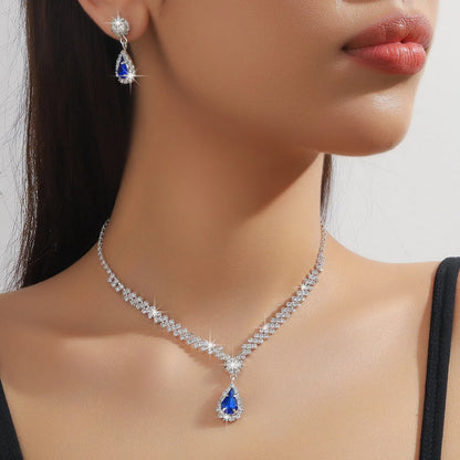 Rhinestone water drop shaped claw chain necklace and earrings jewellery set in selected colour