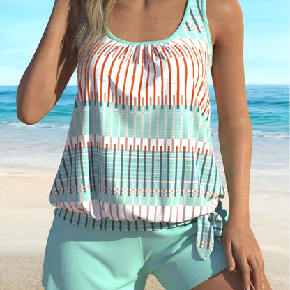 Sky blue women's bikini with blue stripes, plus sizes 1XL to 5XL.