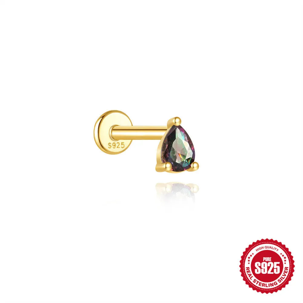 Sterling silver flat head thread piercing earrings with geometric shape and rainbow stone detail