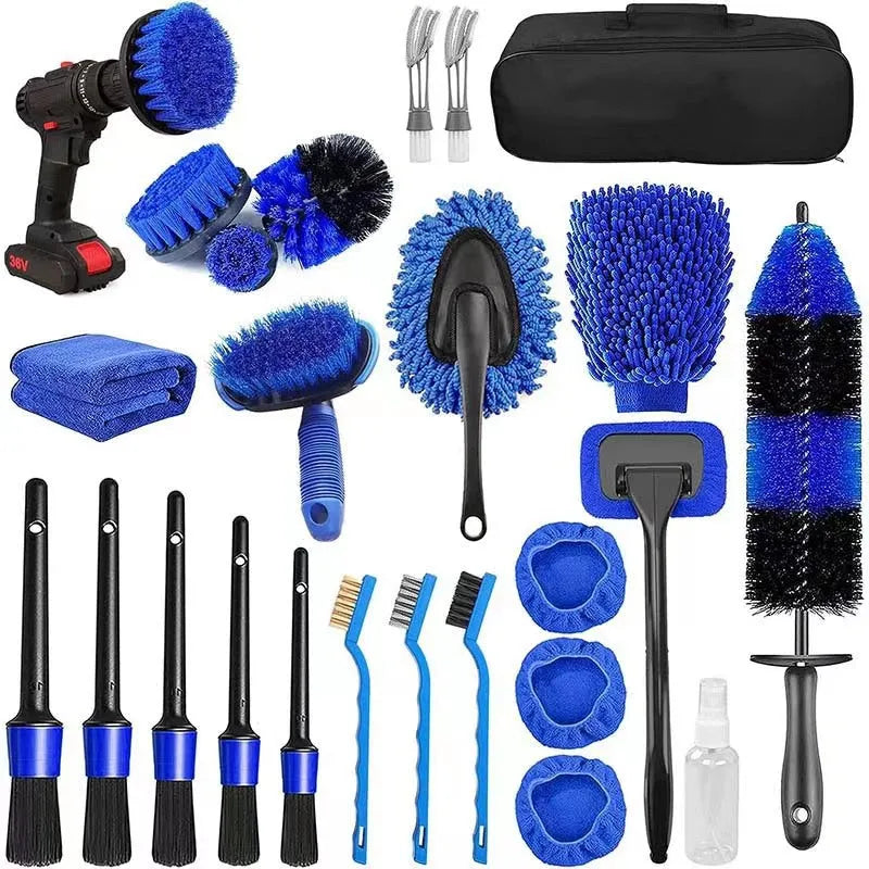 26-piece car wash brush kit with long handle tyre brush and detailing tools for automotive cleaning